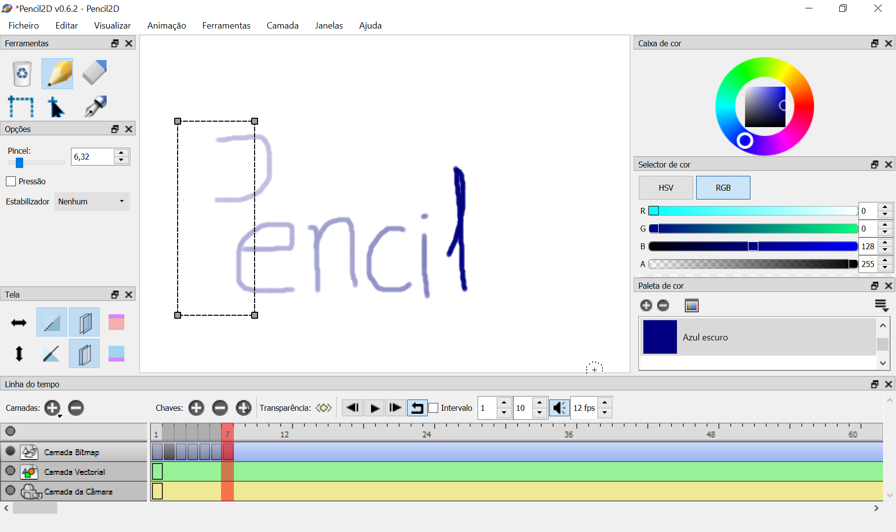 Pencil 2D Animation - Ecrã da aplicação em utilização
